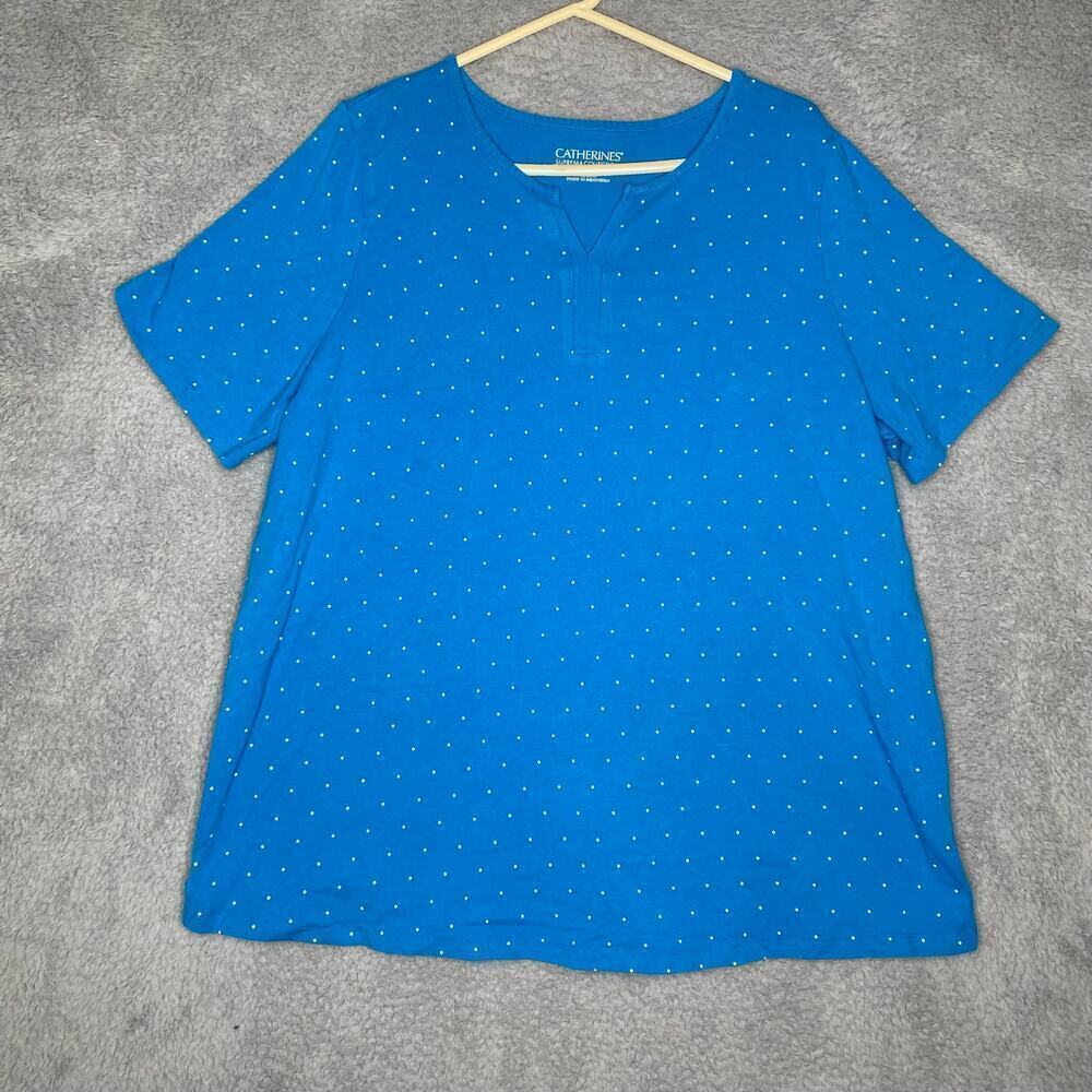Catherines suprema collection shirt blue polka dot stretch neck detail plus 1X